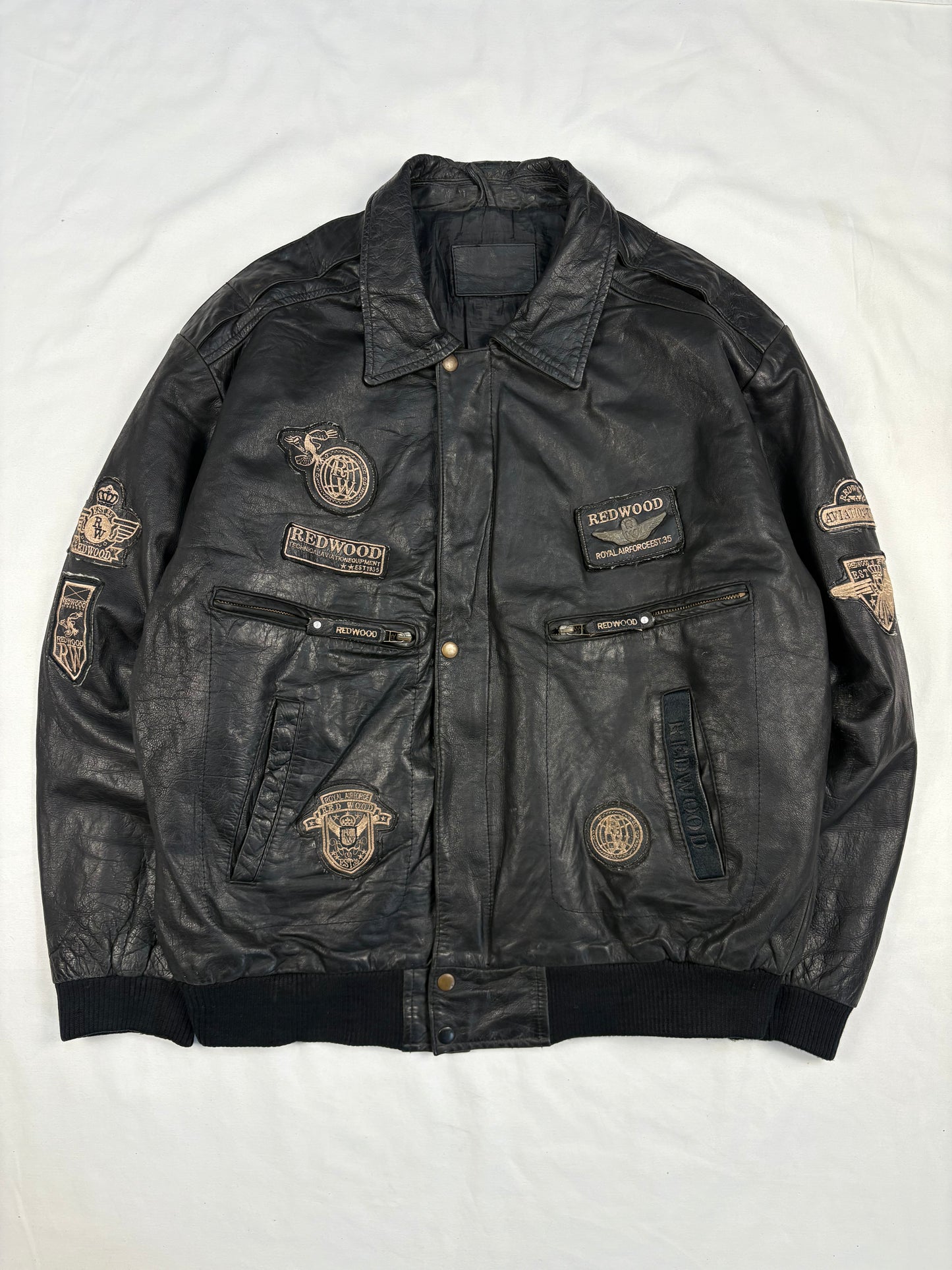 Vintage Redwood Patchwork Black Leather Flight Jacket (L)