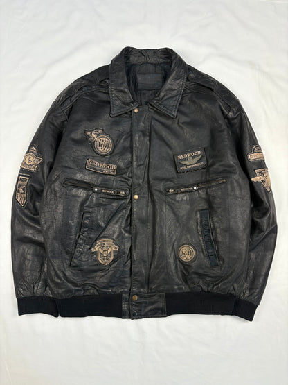 Vintage Redwood Patchwork Black Leather Flight Jacket (L)