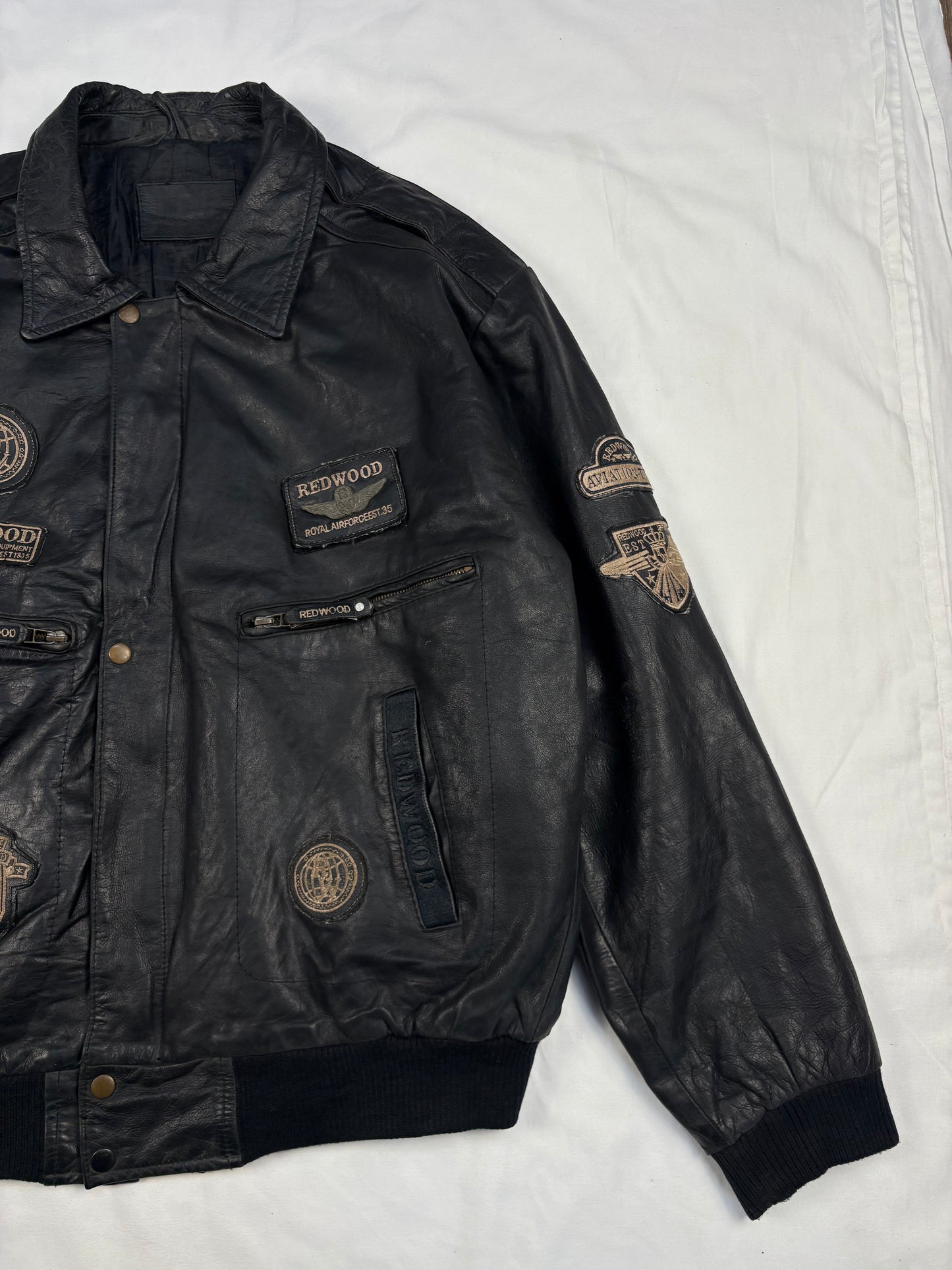 Vintage Redwood Patchwork Black Leather Flight Jacket (L)