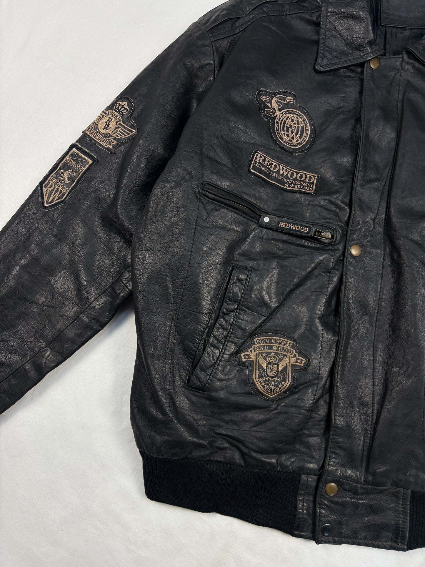 Vintage Redwood Patchwork Black Leather Flight Jacket (L)