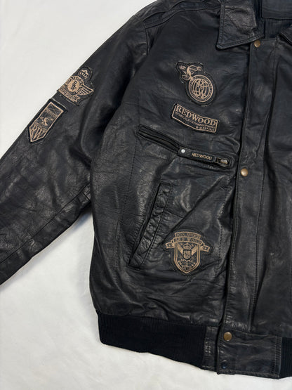 Vintage Redwood Patchwork Black Leather Flight Jacket (L)