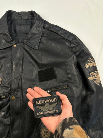 Vintage Redwood Patchwork Black Leather Flight Jacket (L)