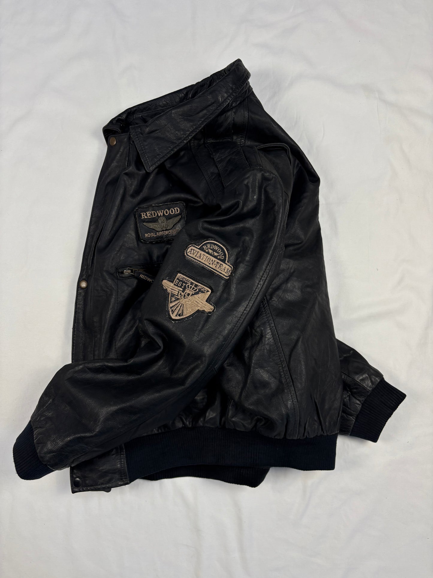 Vintage Redwood Patchwork Black Leather Flight Jacket (L)