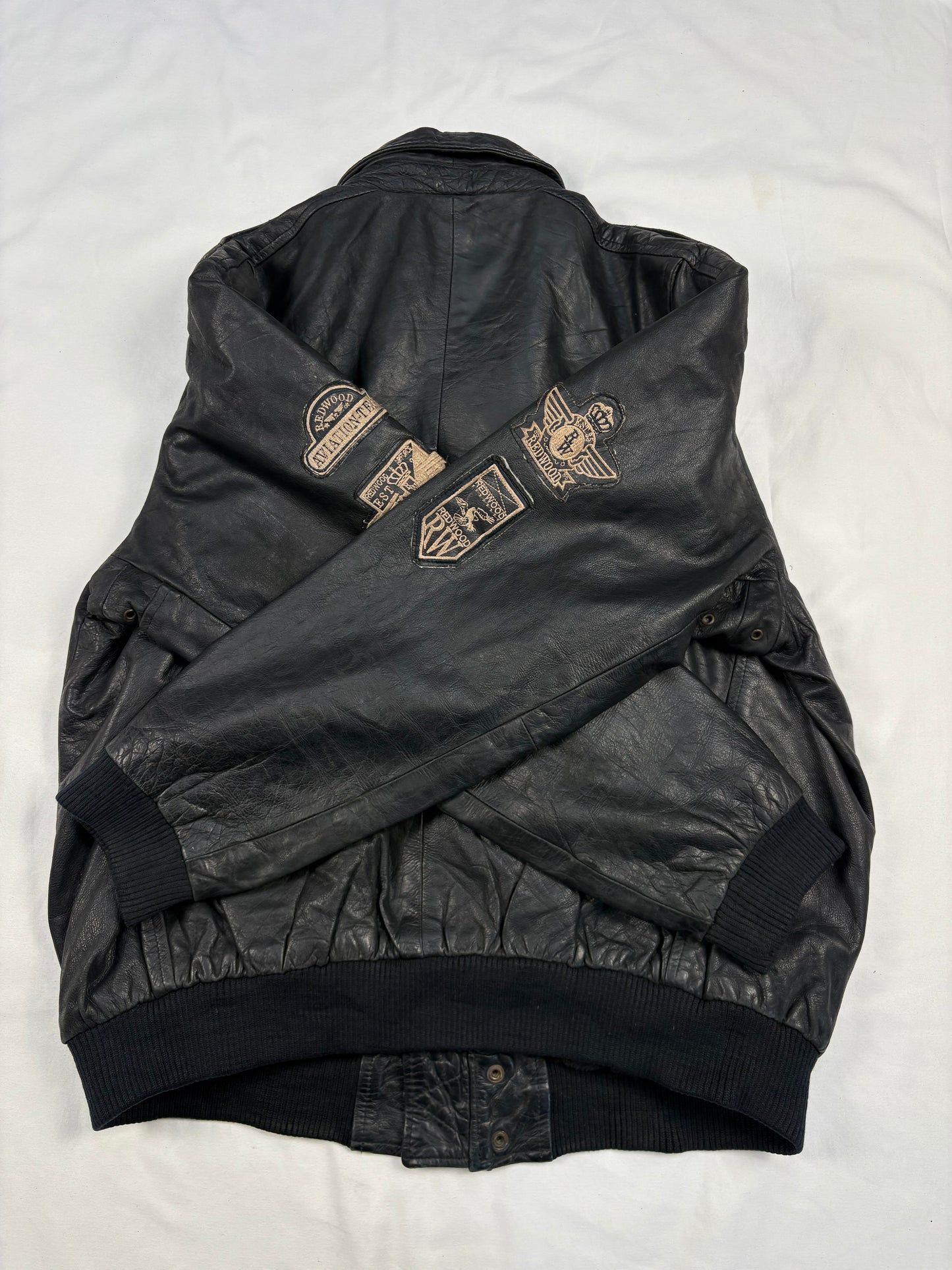 Vintage Redwood Patchwork Black Leather Flight Jacket (L)