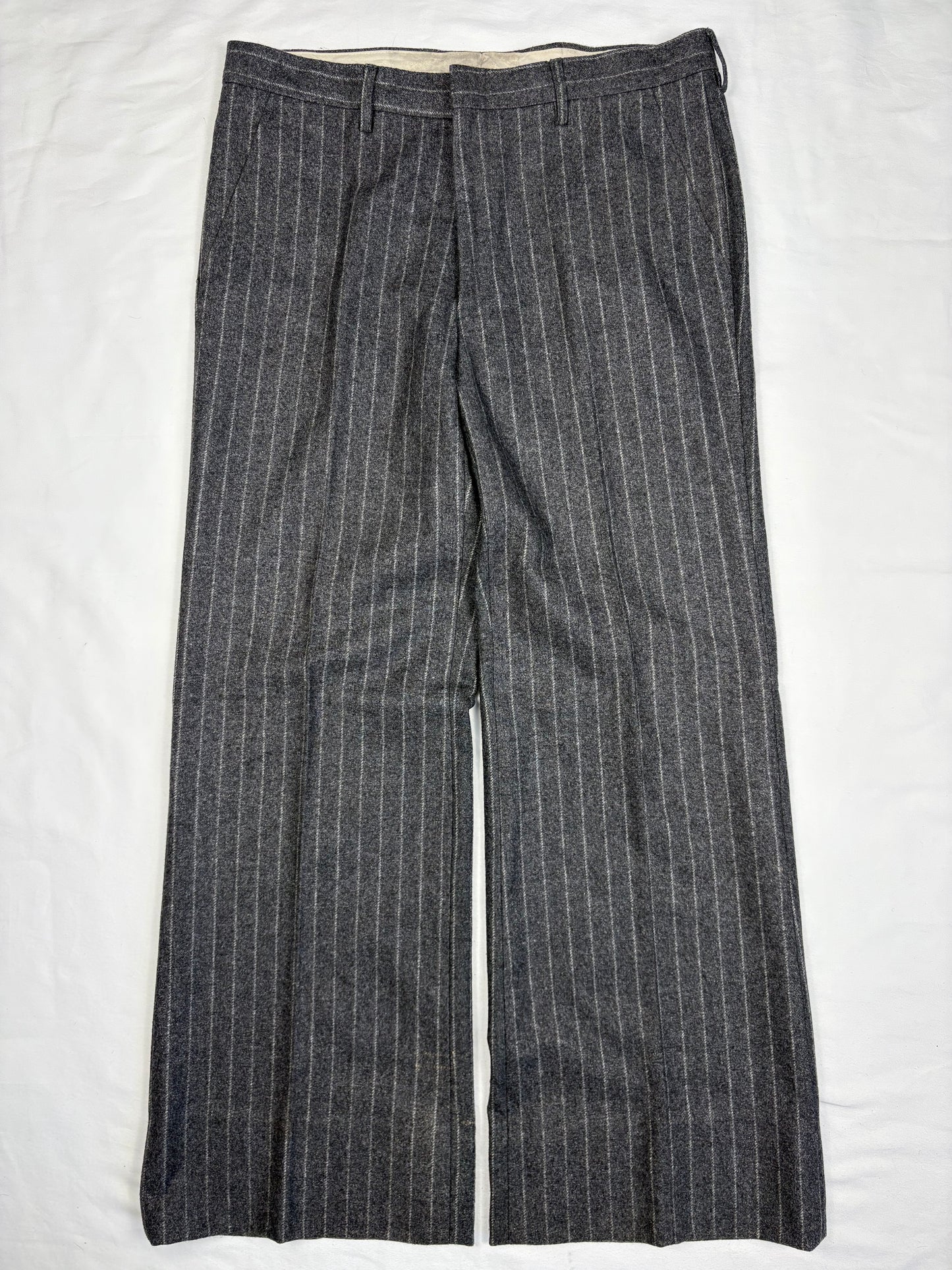 True Vintage 70s Italian Grey Stripe Wide Leg Wool Trousers (34x30)