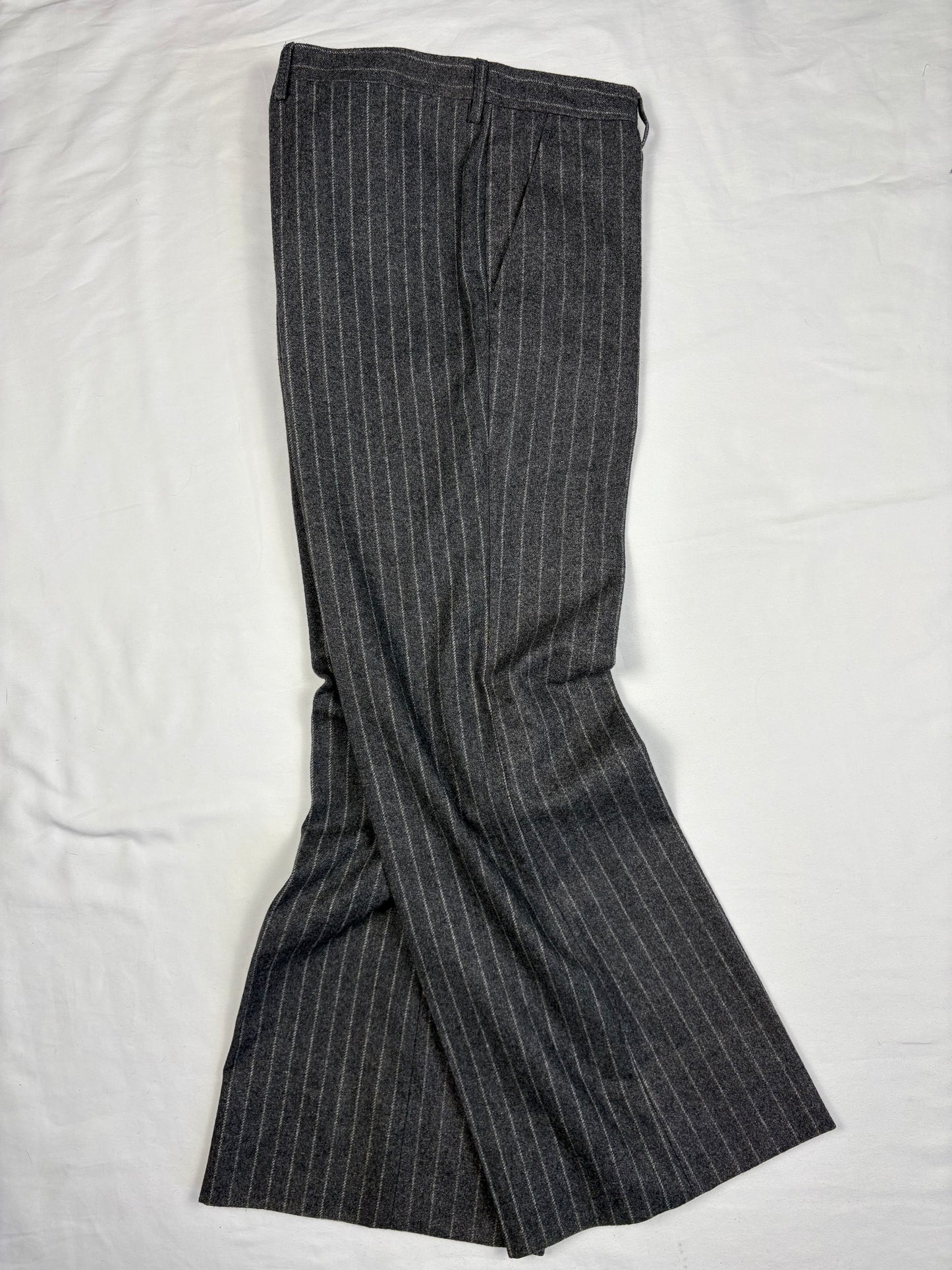True Vintage 70s Italian Grey Stripe Wide Leg Wool Trousers (34x30)