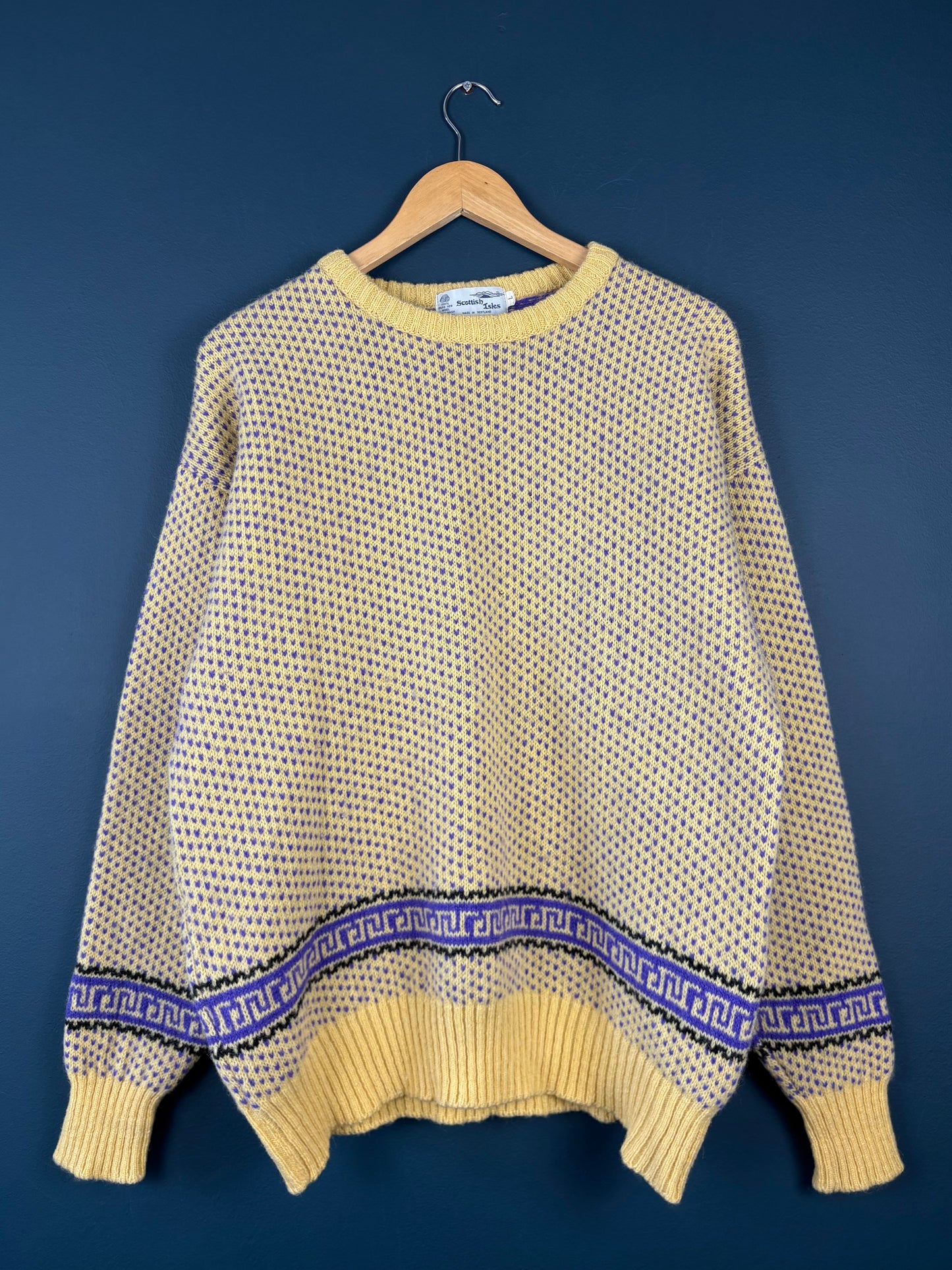 Vintage Scottish 80s Yellow Patterned Wool Jumper (L)
