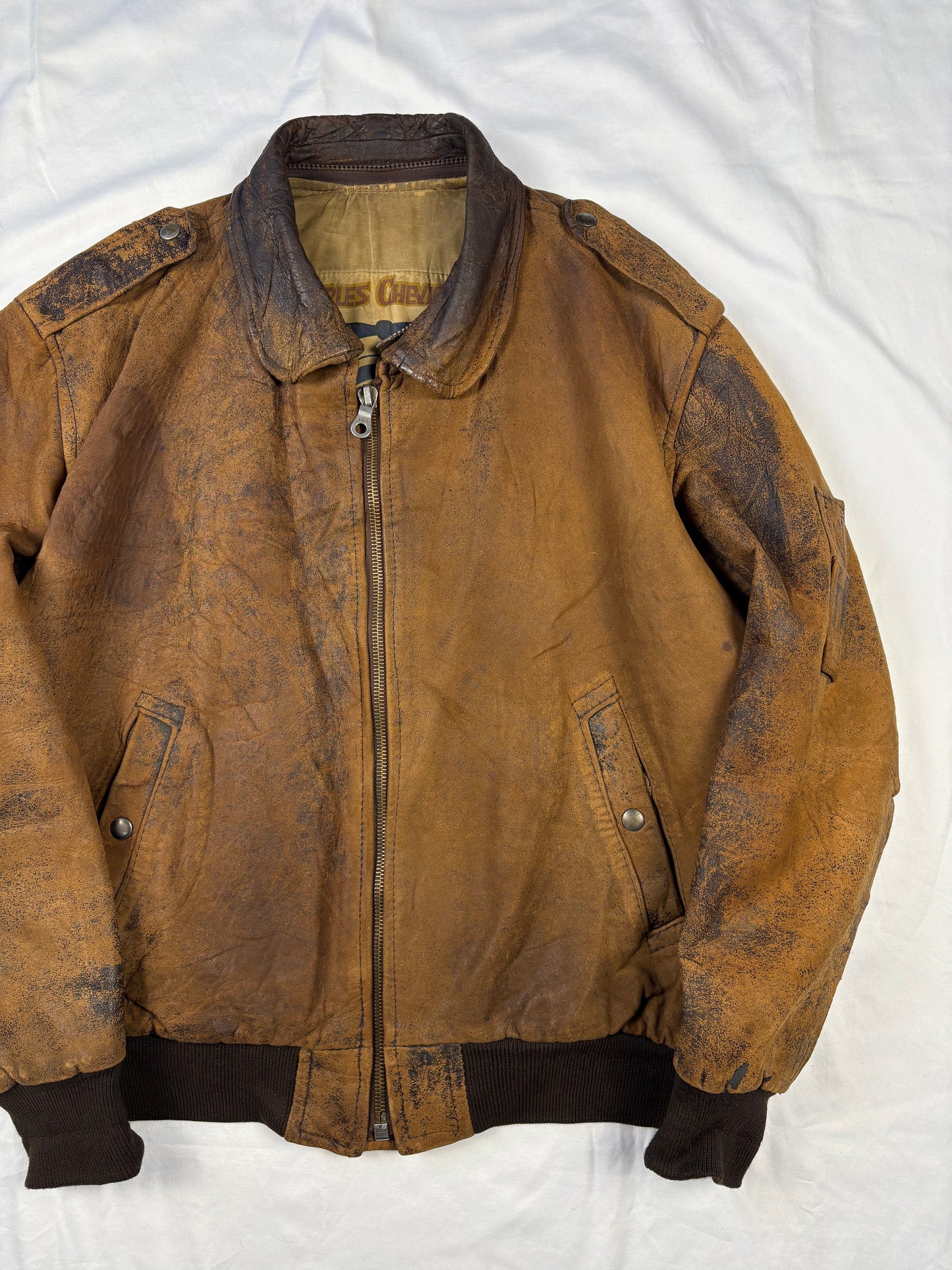 True Vintage 80s Chevignon 'Hot Skies' Brown Leather Jacket (XL)