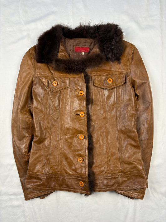 Vintage Italian Made Brown Leather w/ Fur Trimmings Jacket (women's L)