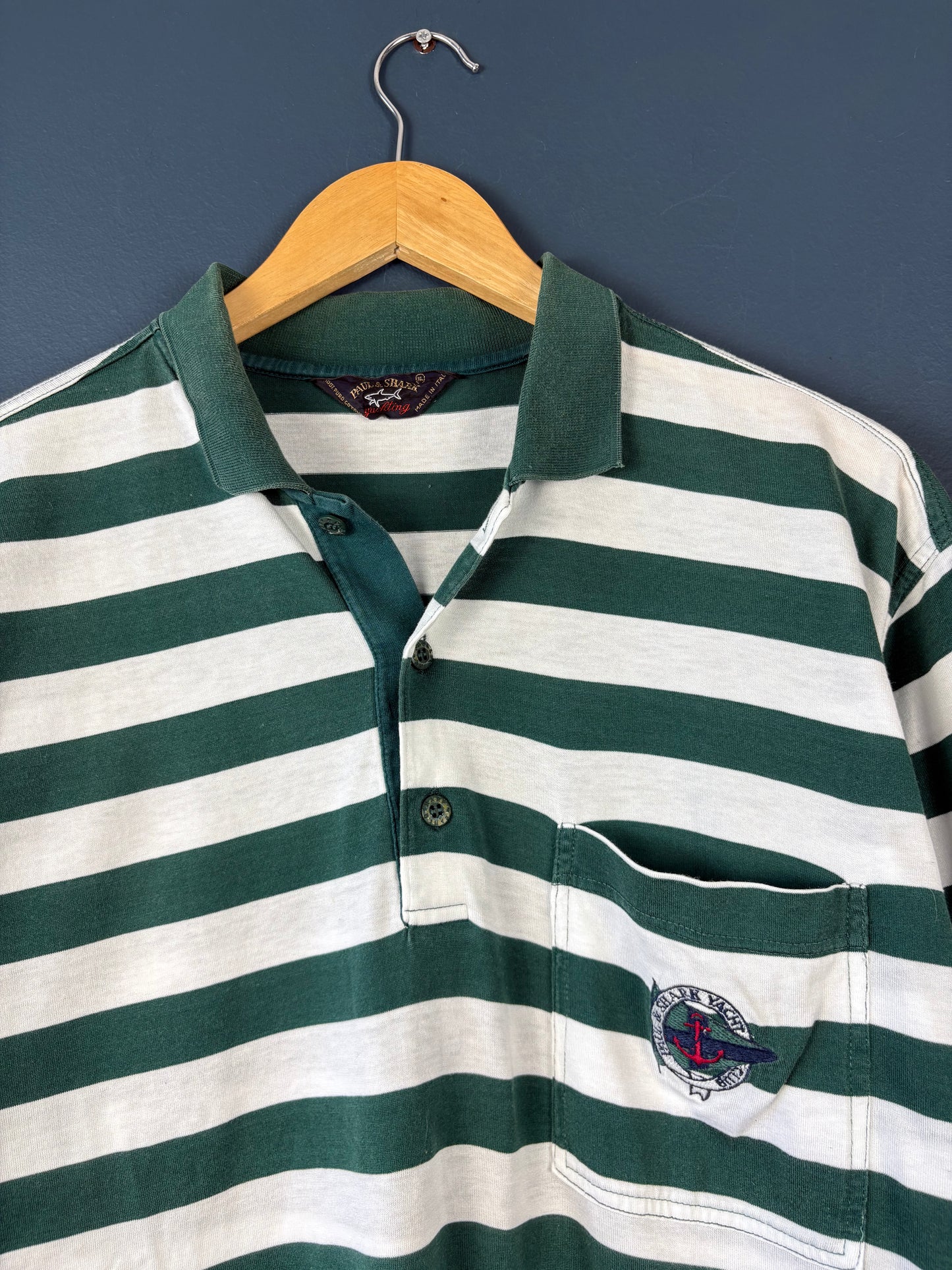 Vintage Paul & Shark Dark Green + White Stripe Polo (XL)