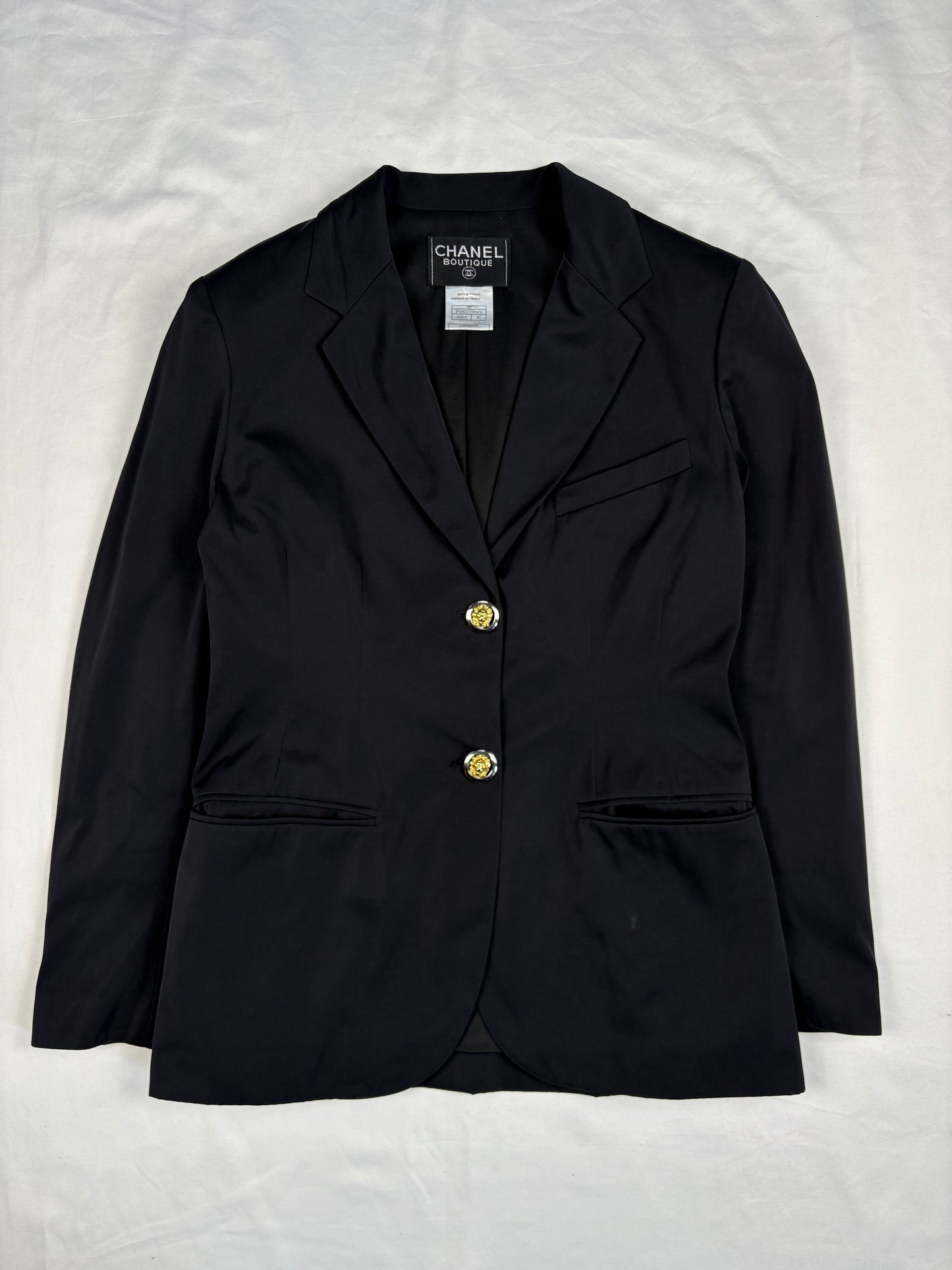 Vintage Chanel Boutique 90s Black Satin Blazer (women's M)