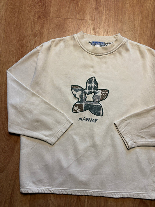 Vintage NAF NAF Embroidered Spellout Cream Sweatshirt (L)