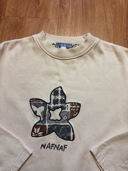Vintage NAF NAF Embroidered Spellout Cream Sweatshirt (L)