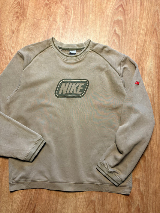 Vintage Nike Embroidered Spellout Khaki Green Sweatshirt (L)