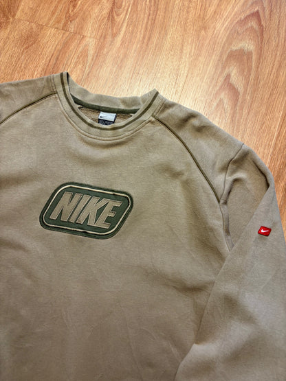Vintage Nike Embroidered Spellout Khaki Green Sweatshirt (L)
