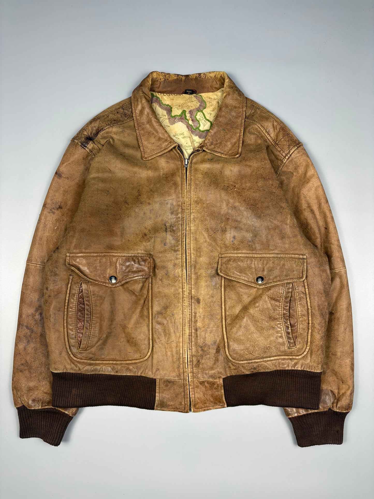 Vintage 1970s WWII Map Lining Leather A-2 Flight Jacket (L)