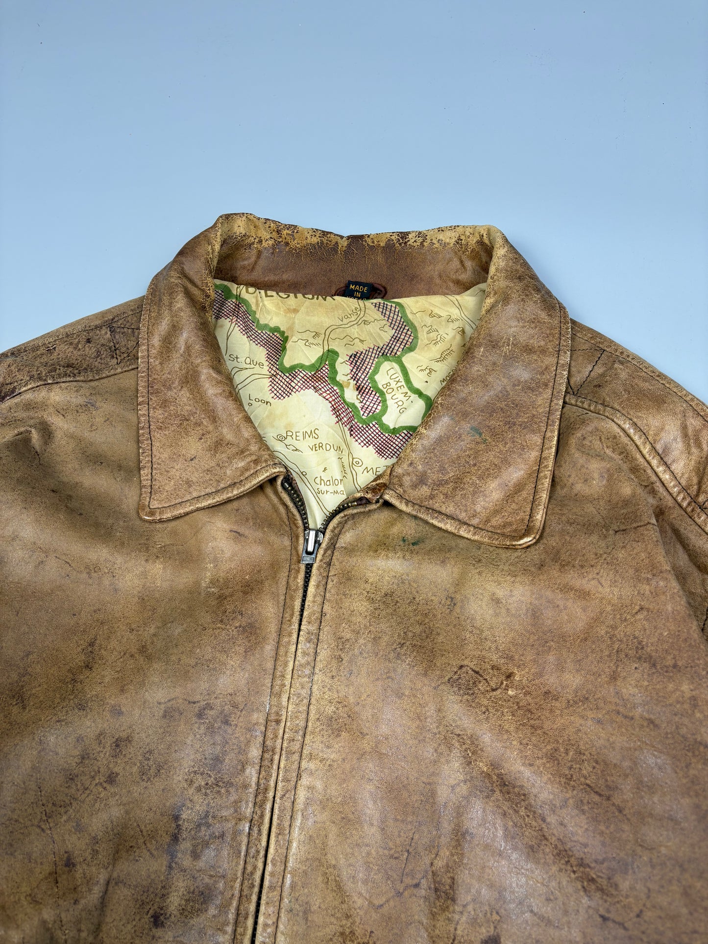Vintage 1970s WWII Map Lining Leather A-2 Flight Jacket (L)
