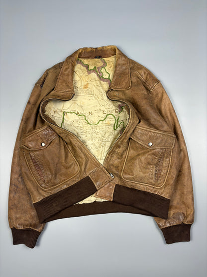 Vintage 1970s WWII Map Lining Leather A-2 Flight Jacket (L)