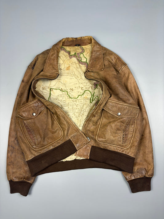 Vintage 1970s WWII Map Lining Leather A-2 Flight Jacket (L)