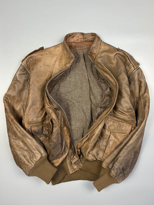 Vintage 1980s Houndstooth Lined Euro Leather Jacket (S)