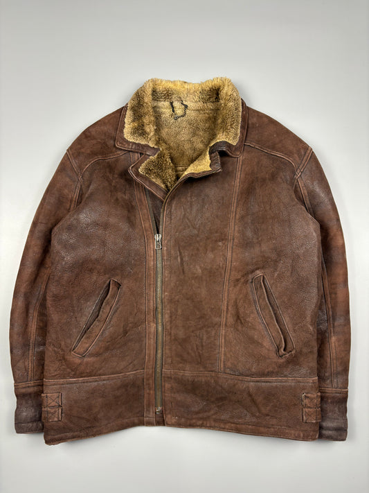 Vintage 1980s Shearling Lined Sheepskin Aviator Leather Jacket (L)