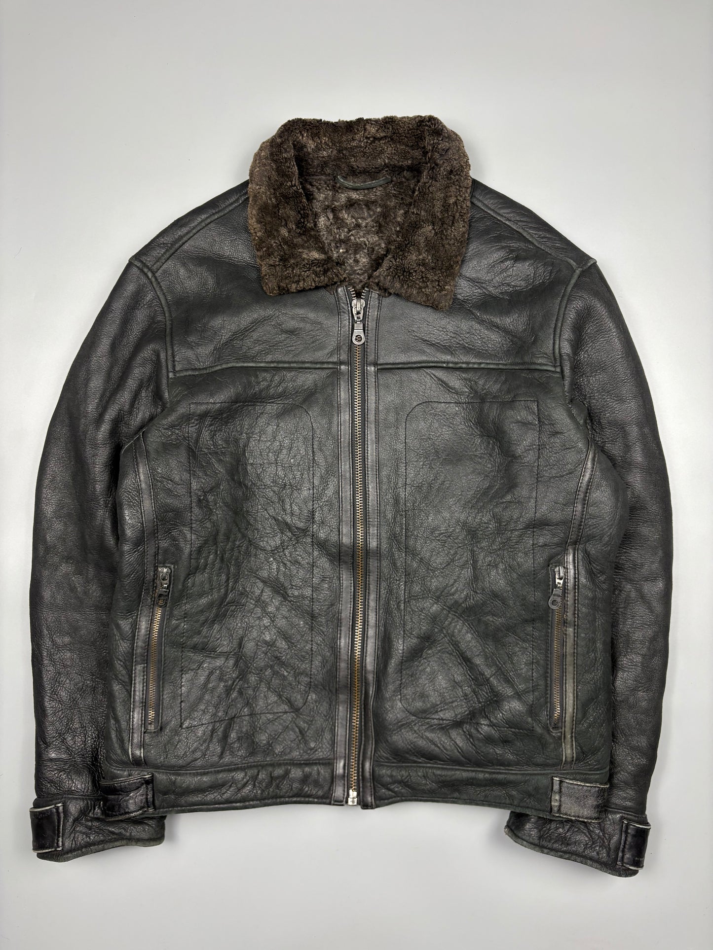 Vintage 1980s Shearling Lined Sheepskin Aviator Leather Jacket (M)