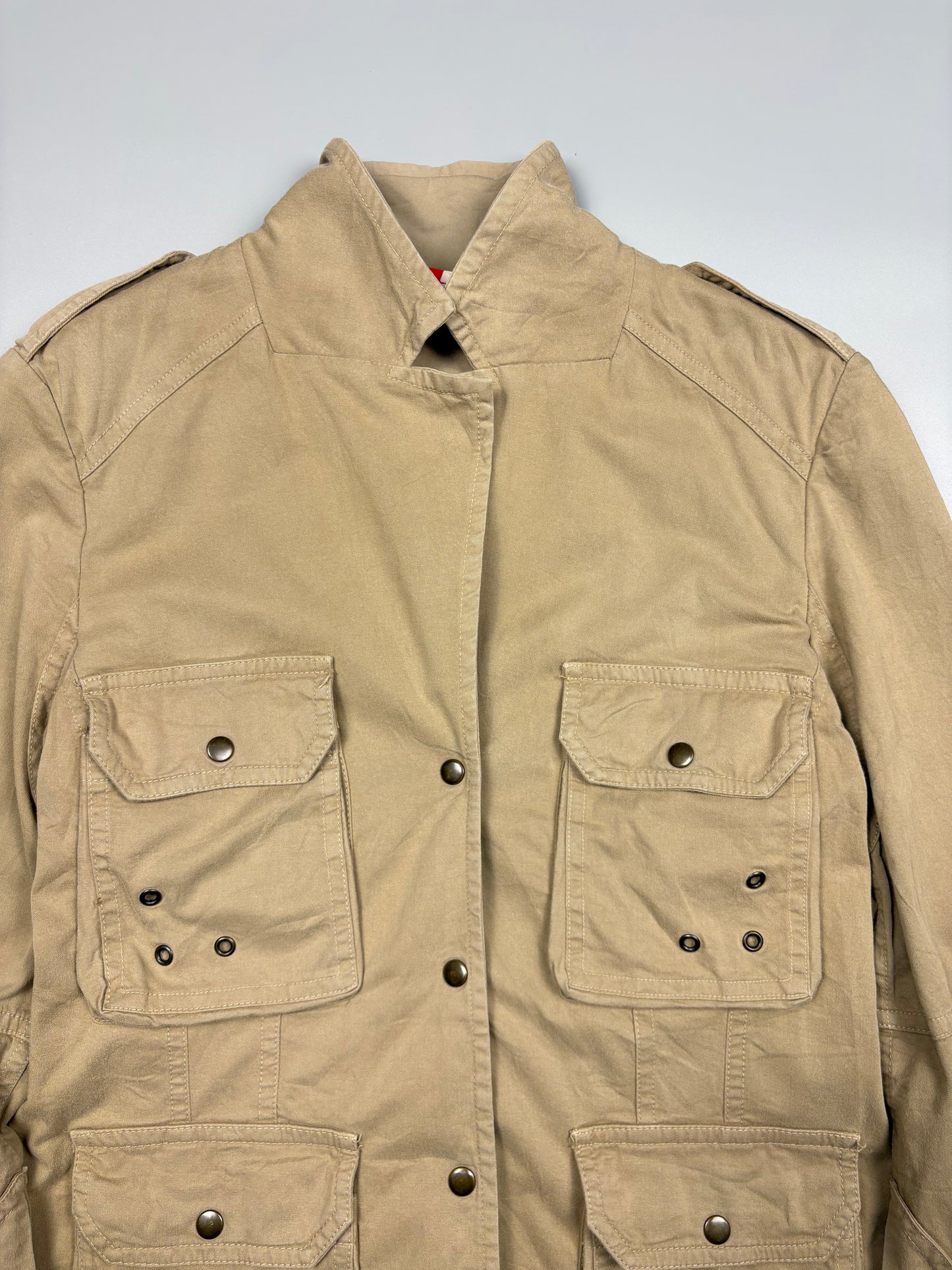 2000s Italian Made Multi Pocket Technical Tan Canvas Field Jacket (women's M)