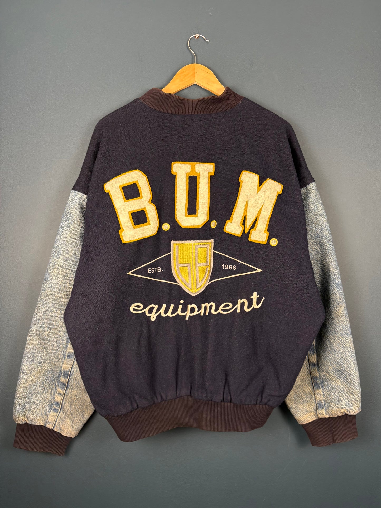 Vintage BUM Equipment Denim + Wool Varsity Bomber Jacket (L)