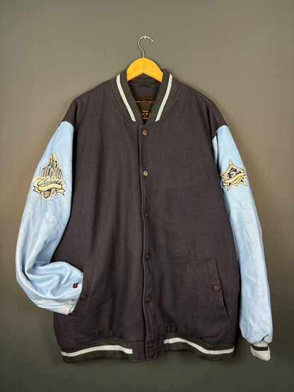 Vintage FUBU Wool + Leather Blue Varisty Jacket (XL)