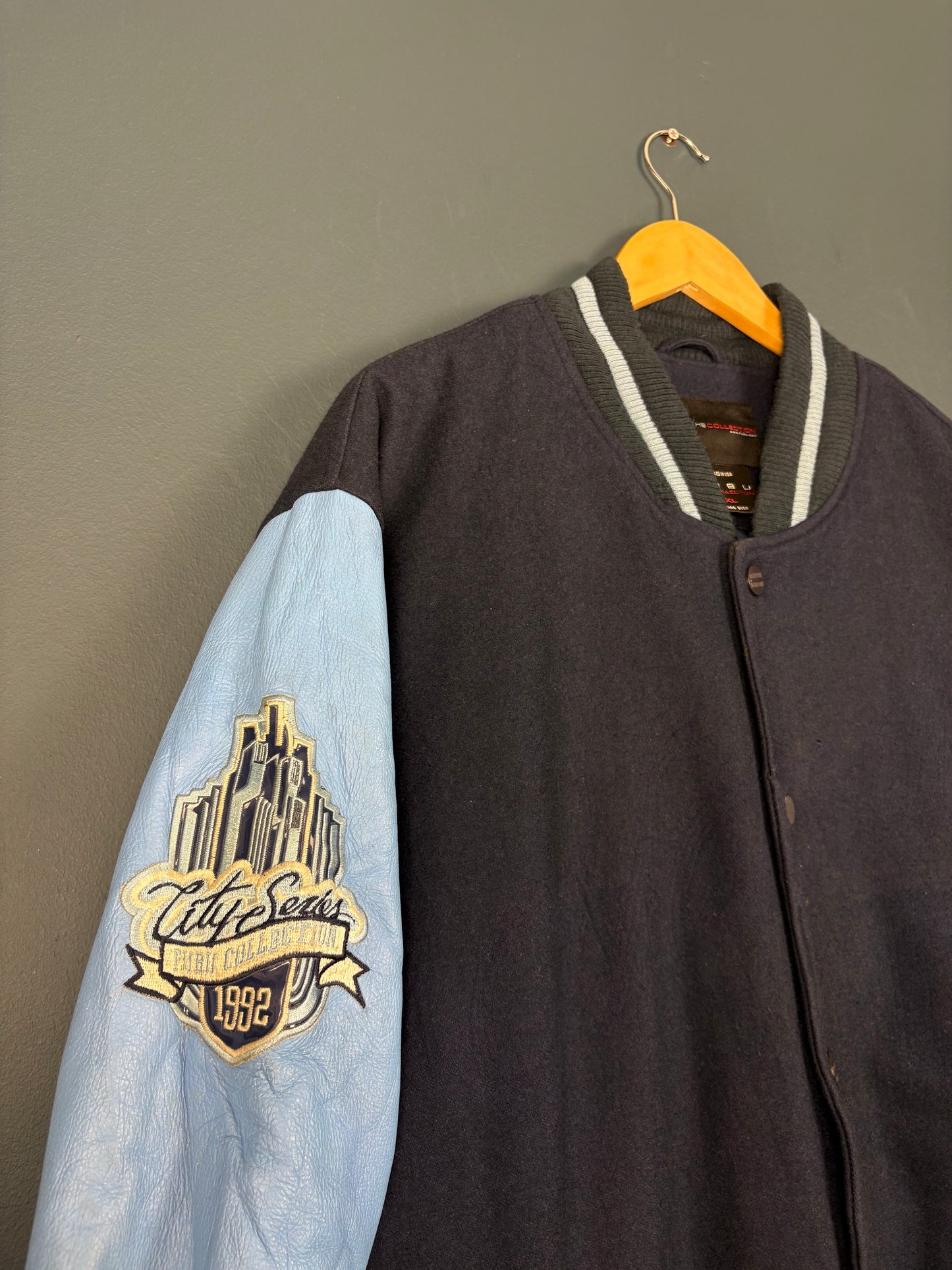 Vintage FUBU Wool + Leather Blue Varisty Jacket (XL)
