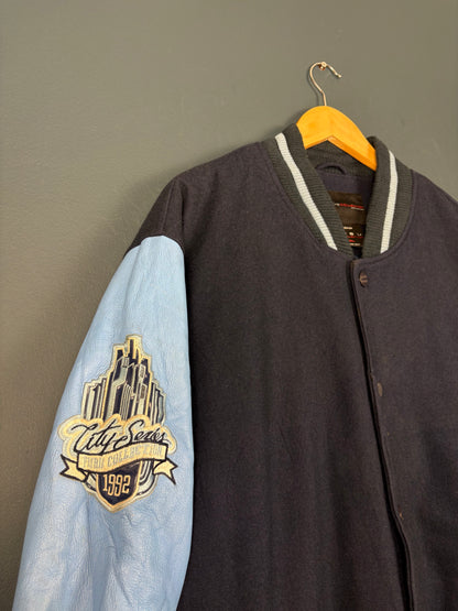 Vintage FUBU Wool + Leather Blue Varisty Jacket (XL)