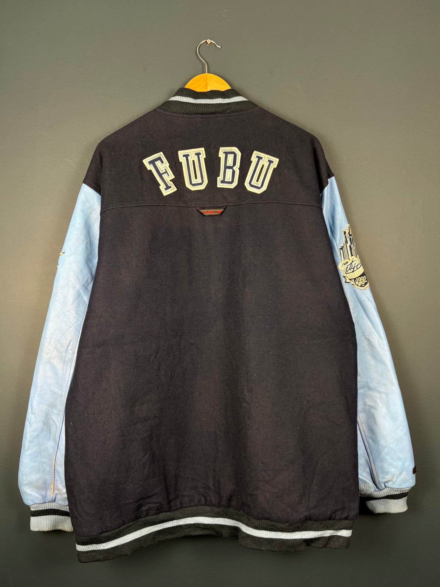 Vintage FUBU Wool + Leather Blue Varisty Jacket (XL)
