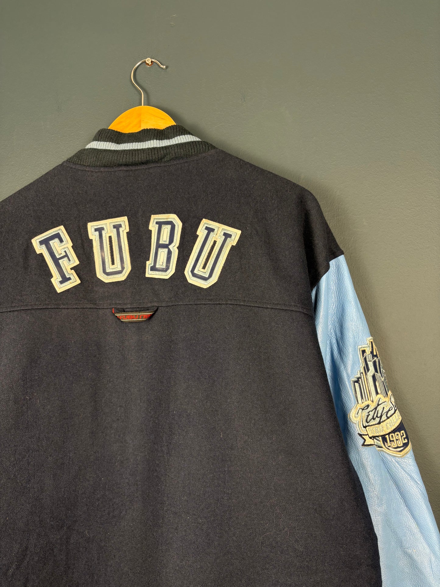 Vintage FUBU Wool + Leather Blue Varisty Jacket (XL)