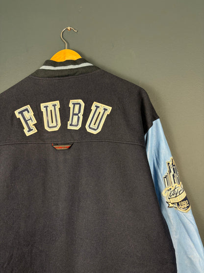 Vintage FUBU Wool + Leather Blue Varisty Jacket (XL)