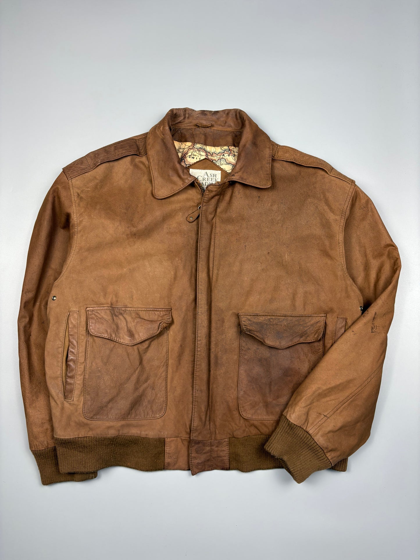 Vintage 1980s Map Lining Leather A-2 Flight Jacket (L)