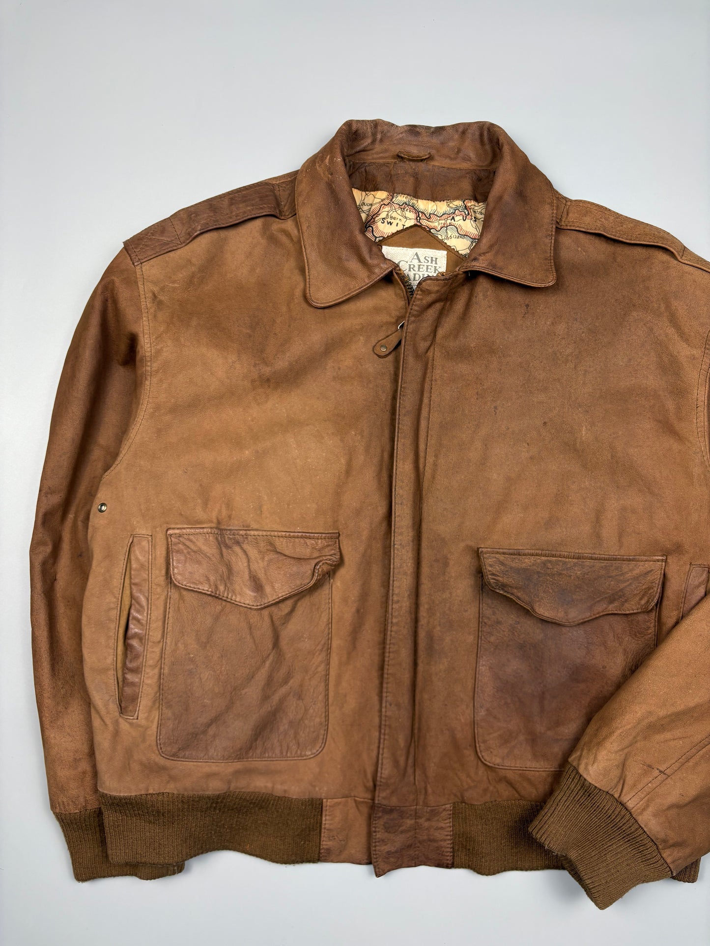 Vintage 1980s Map Lining Leather A-2 Flight Jacket (L)