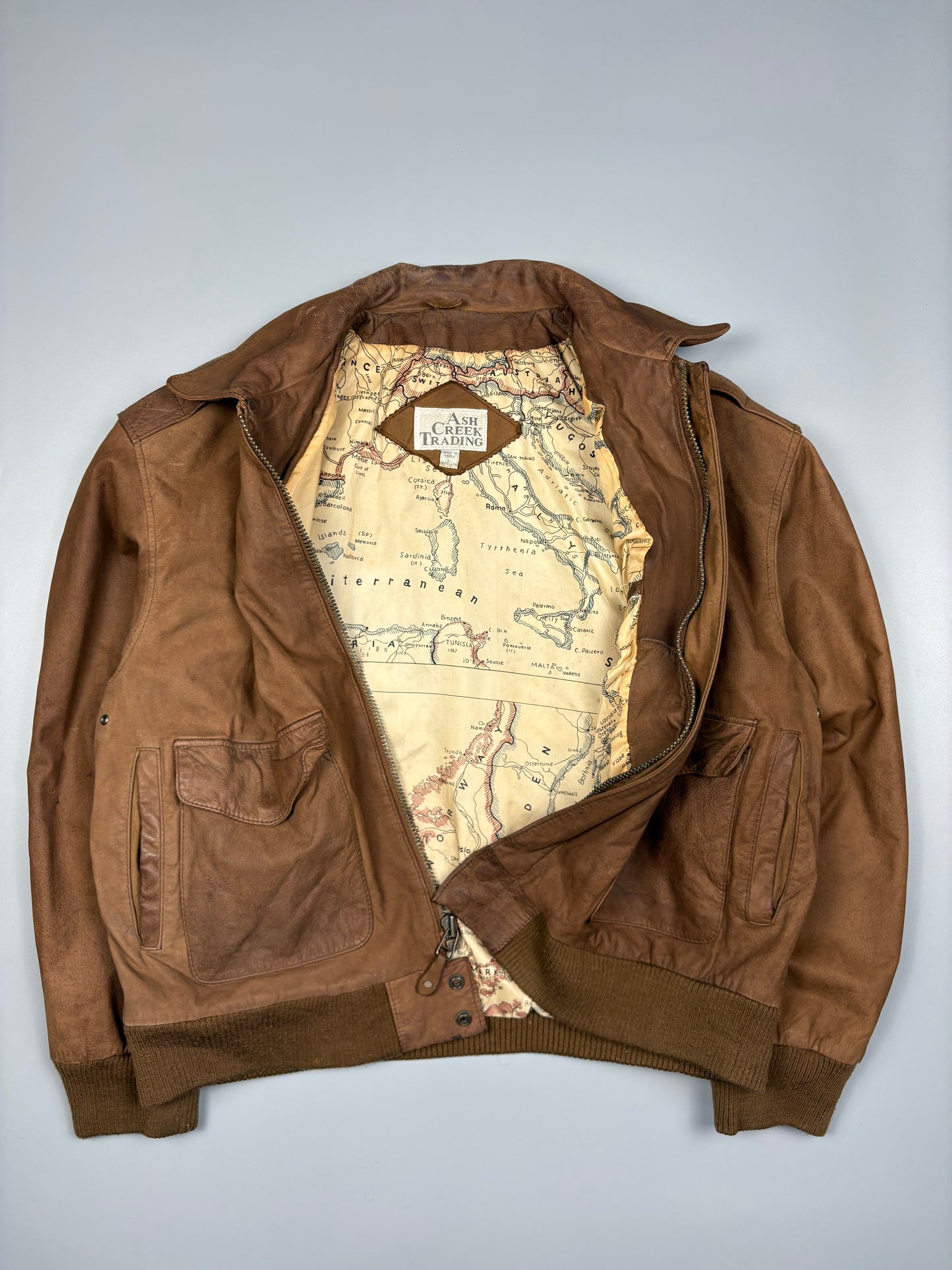 Vintage 1980s Map Lining Leather A-2 Flight Jacket (L)