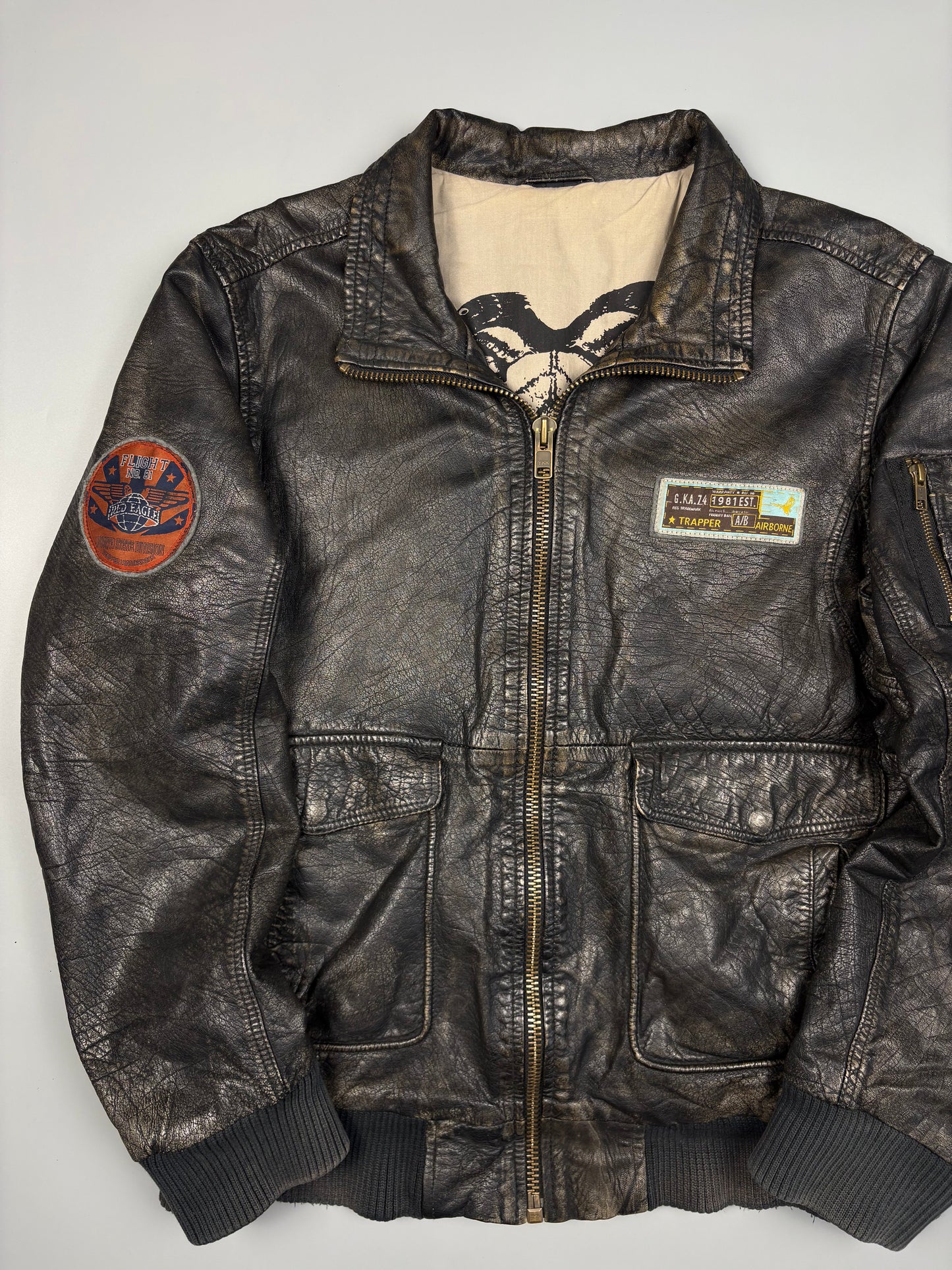 Vintage 1990s Trapper Patch Dark Wash Leather Jacket (L)