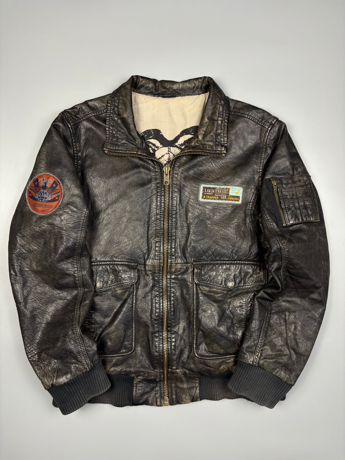 Vintage 1990s Trapper Patch Dark Wash Leather Jacket (L)