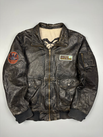 Vintage 1990s Trapper Patch Dark Wash Leather Jacket (L)