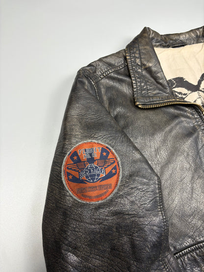 Vintage 1990s Trapper Patch Dark Wash Leather Jacket (L)