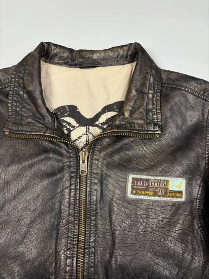 Vintage 1990s Trapper Patch Dark Wash Leather Jacket (L)