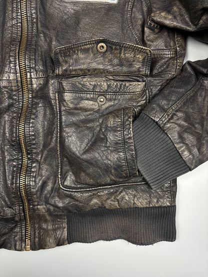 Vintage 1990s Trapper Patch Dark Wash Leather Jacket (L)