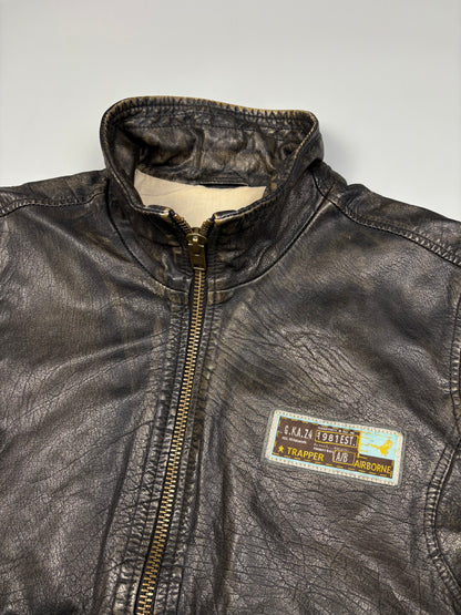 Vintage 1990s Trapper Patch Dark Wash Leather Jacket (L)
