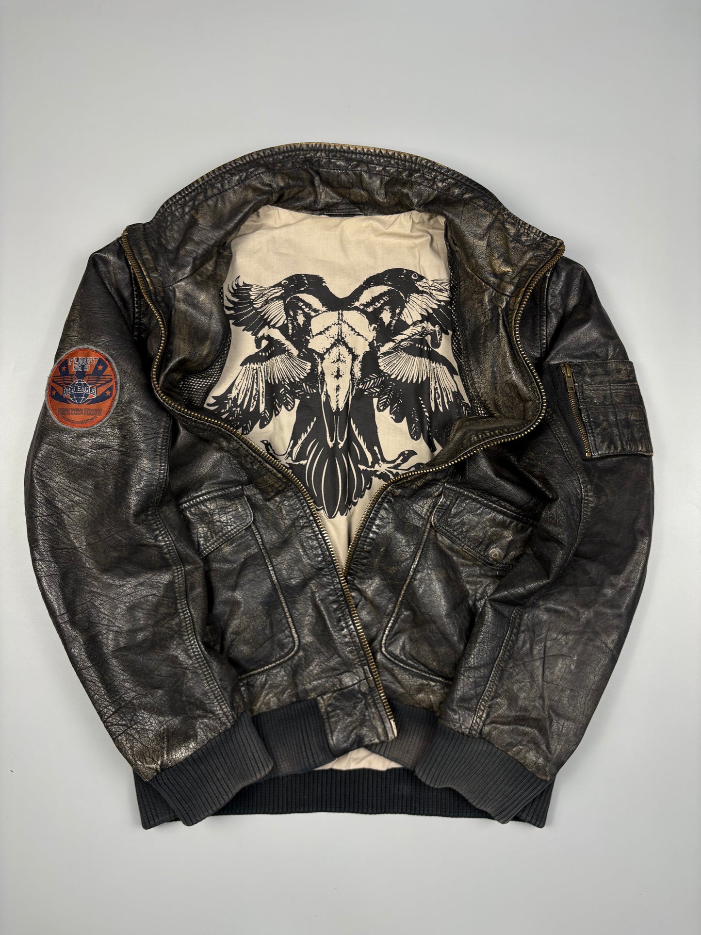 Vintage 1990s Trapper Patch Dark Wash Leather Jacket (L)