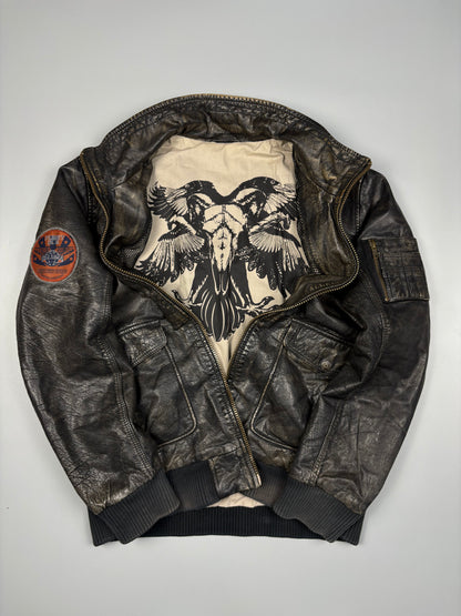 Vintage 1990s Trapper Patch Dark Wash Leather Jacket (L)