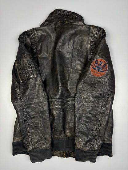 Vintage 1990s Trapper Patch Dark Wash Leather Jacket (L)