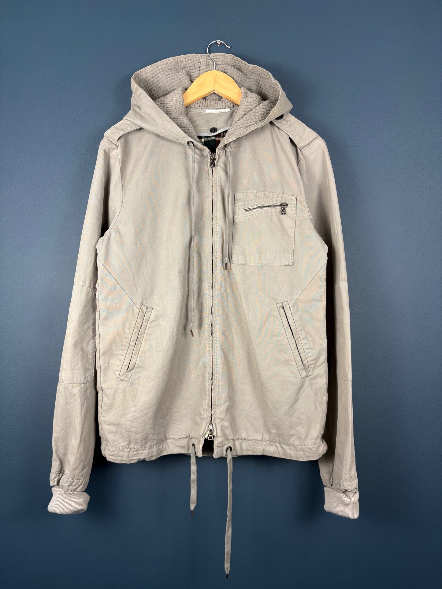 Vintage 90s Workwear Double Zip Beige Grey Hooded Jacket (M)