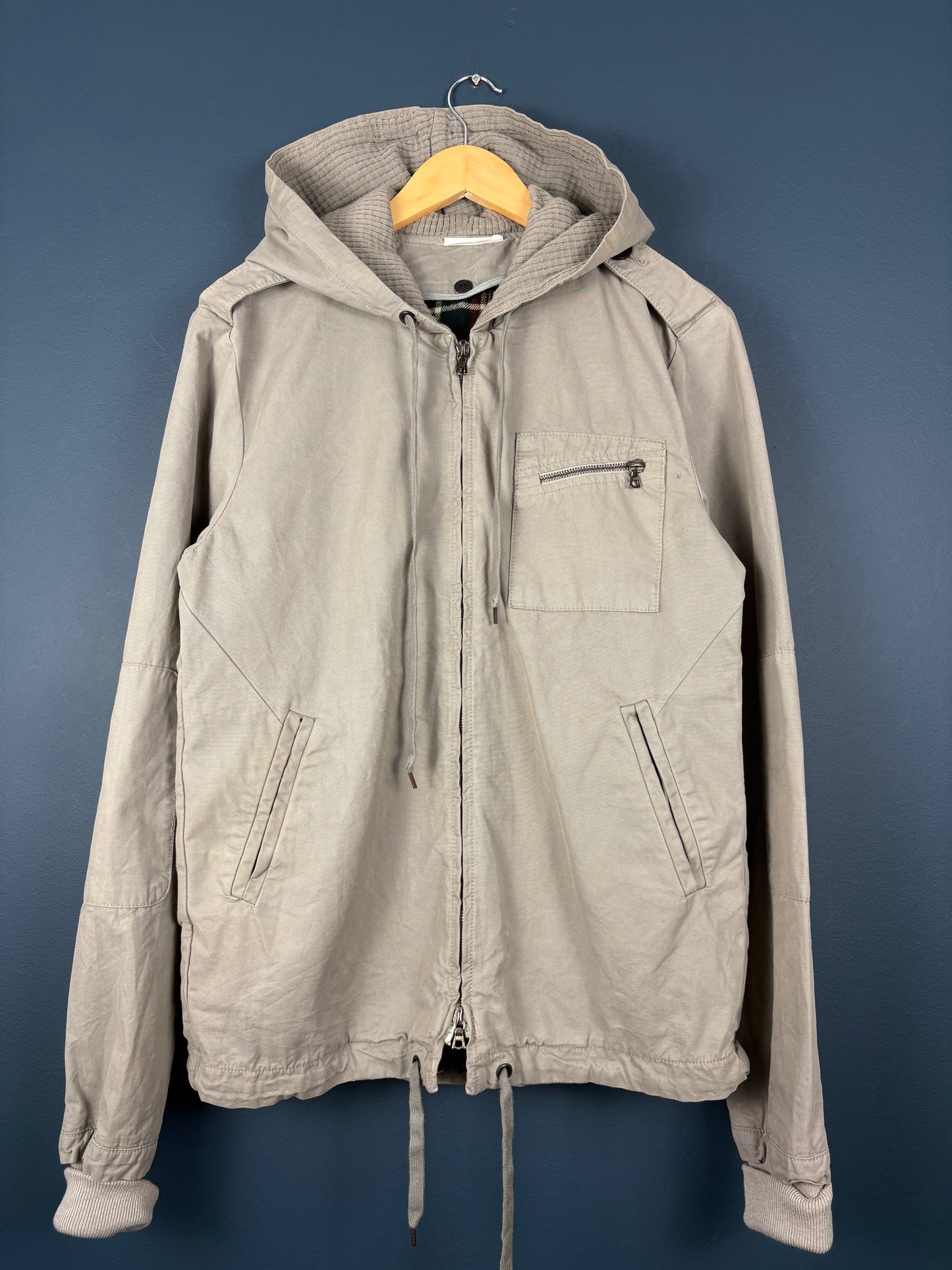 Vintage 90s Workwear Double Zip Beige Grey Hooded Jacket (M)