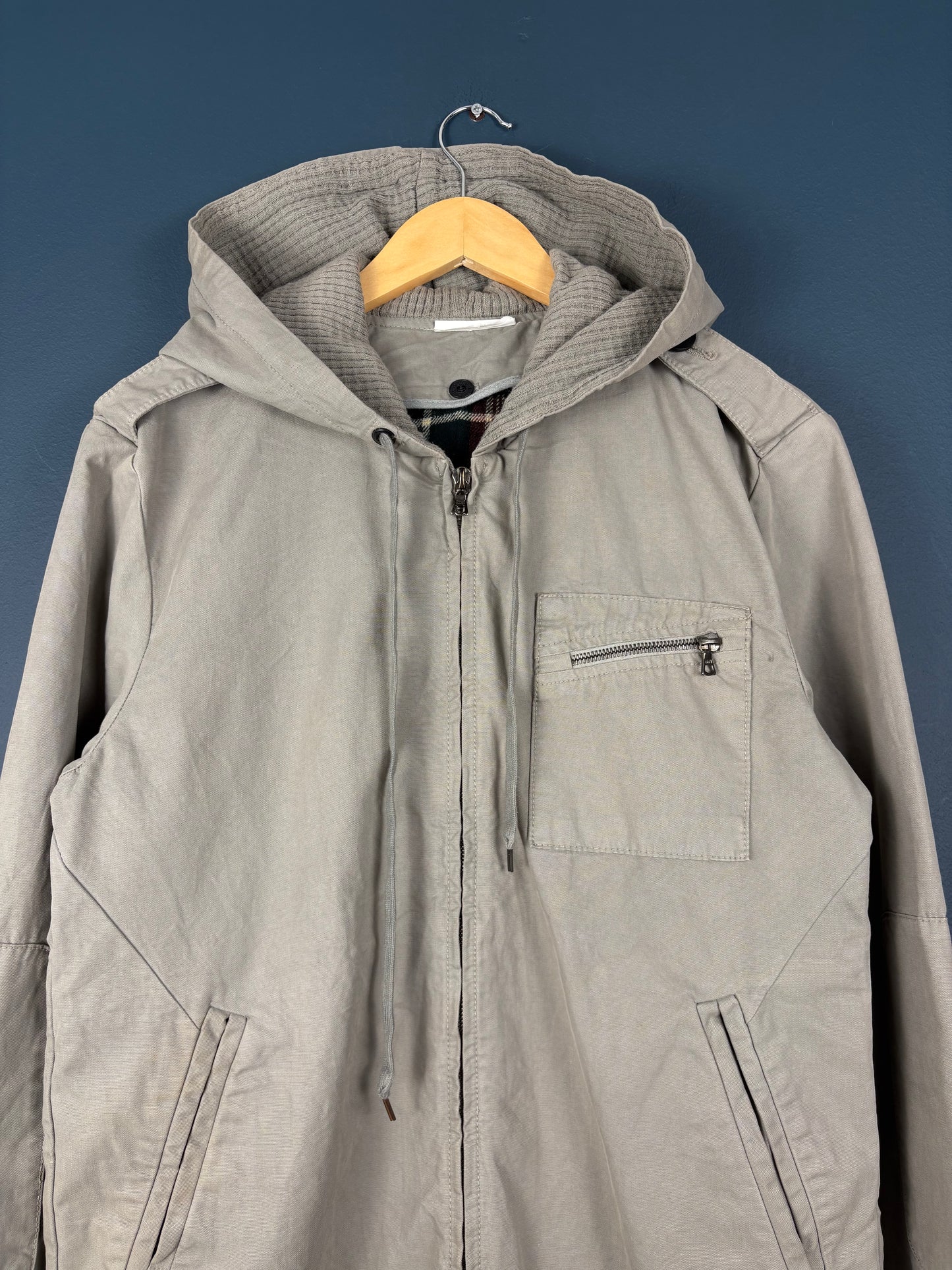 Vintage 90s Workwear Double Zip Beige Grey Hooded Jacket (M)